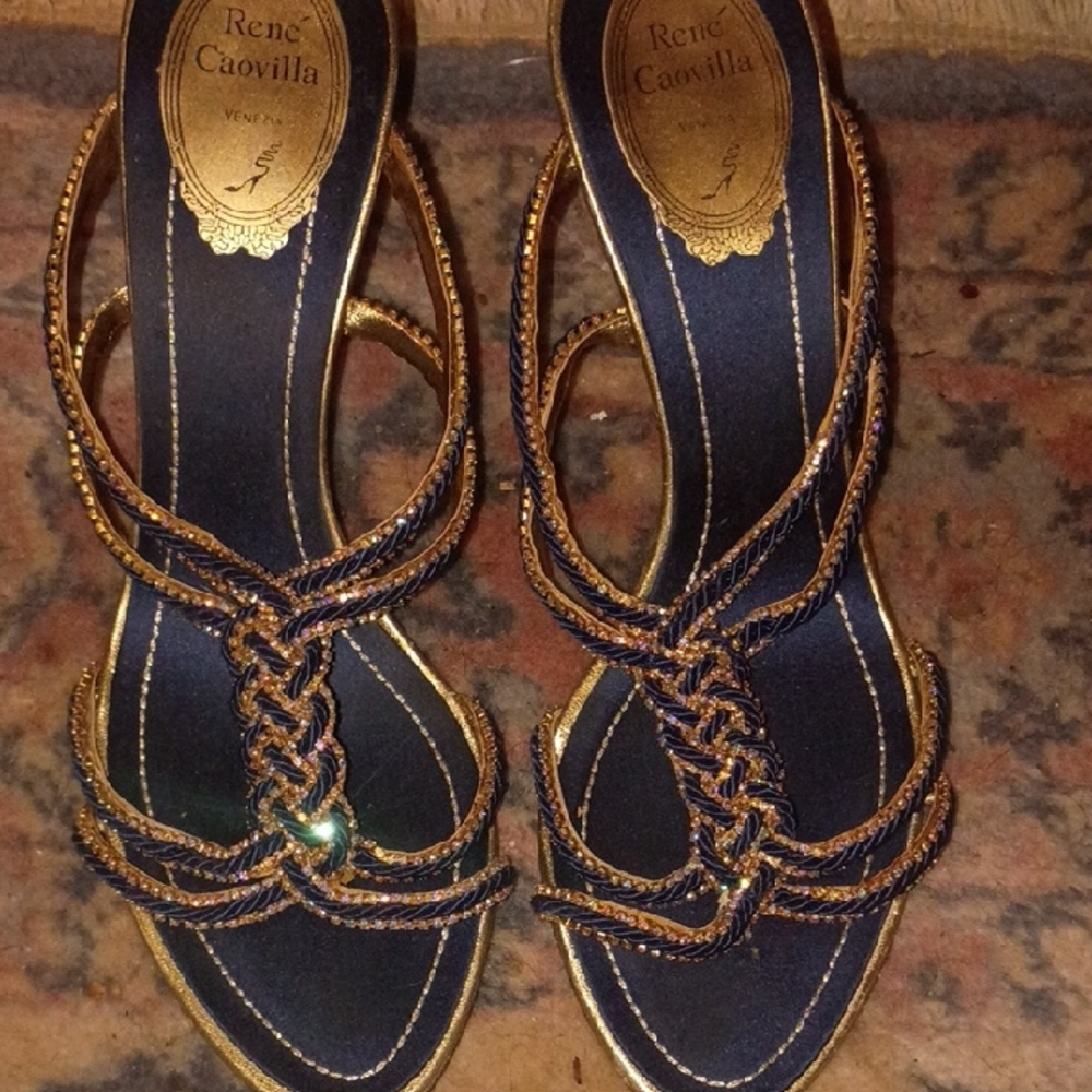 Rene Caovilla Gold and Blue Strappy Heels
